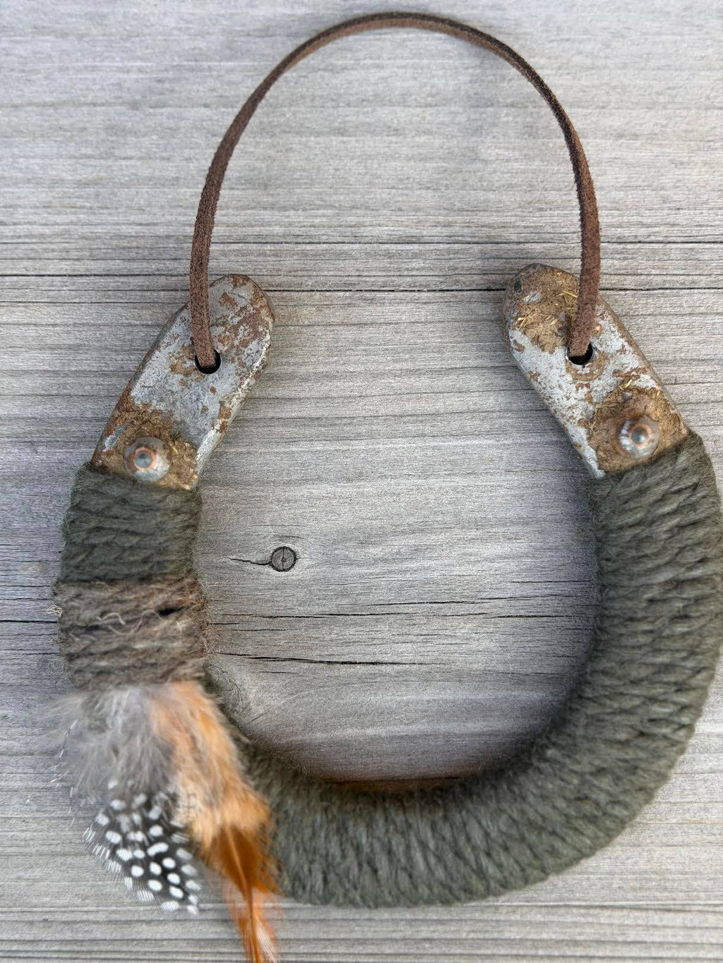 Up-cycled LUCKY horseshoe - Sage Feather