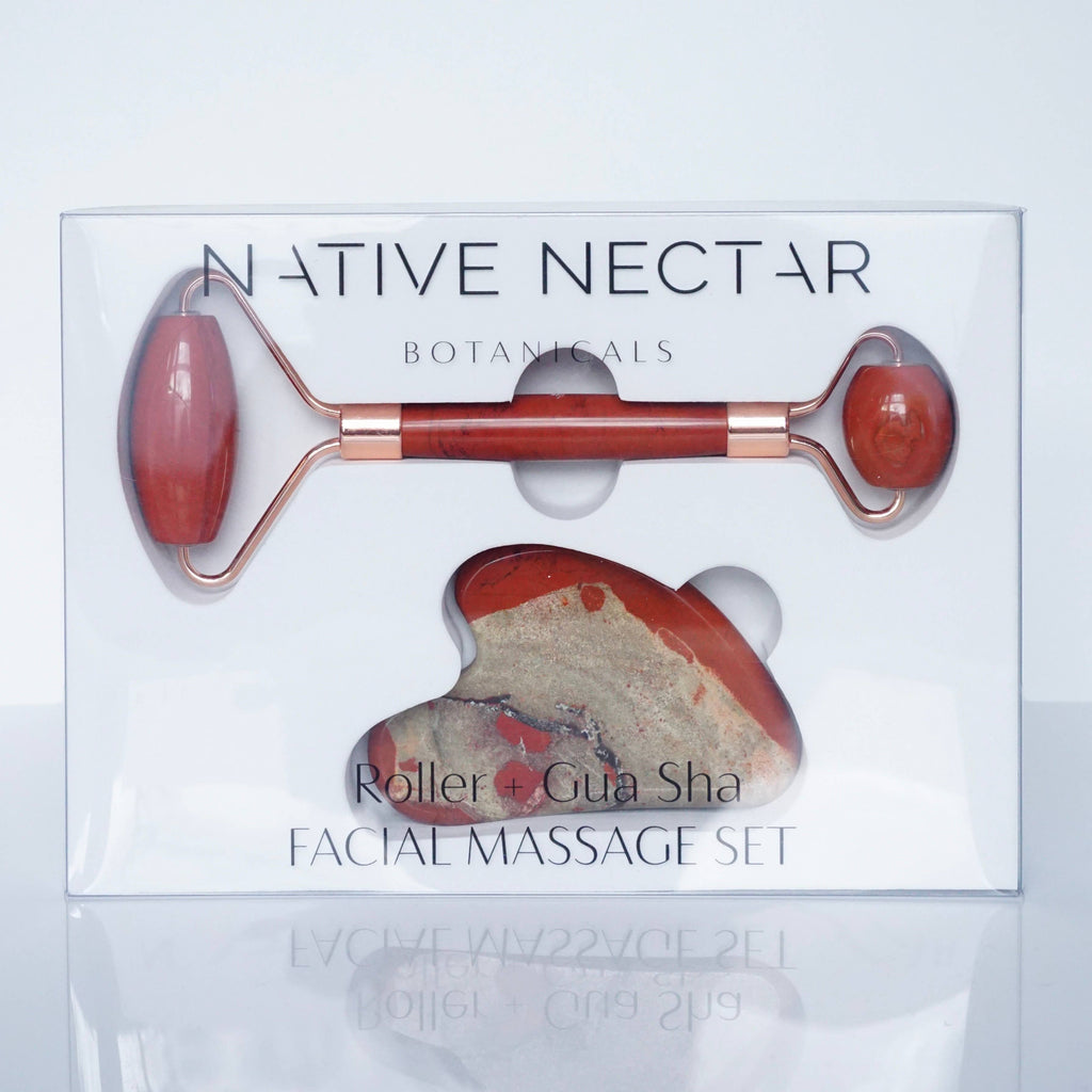 Red Jasper Gemstone Roller + Gua Sha Facial Massage Set