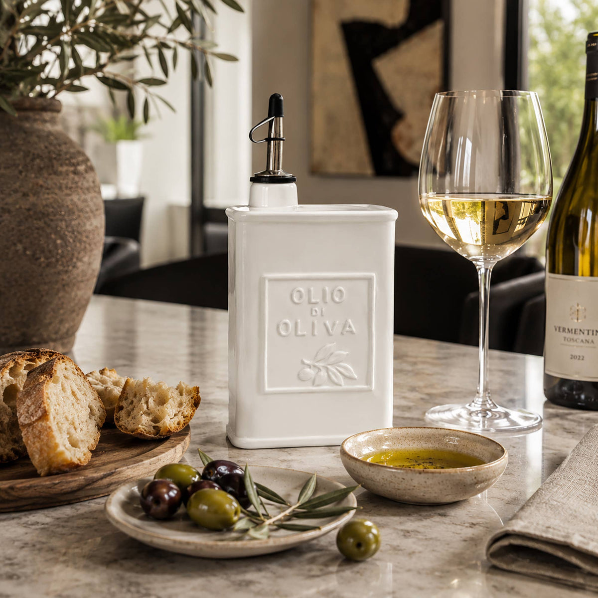 White Ceramic Olive Oil Dispenser with Dripless Spout