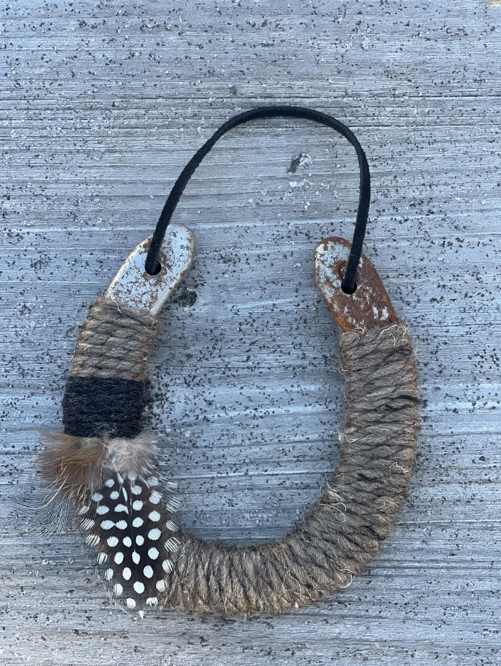 Up-cycled LUCKY horseshoe - Flint Feather