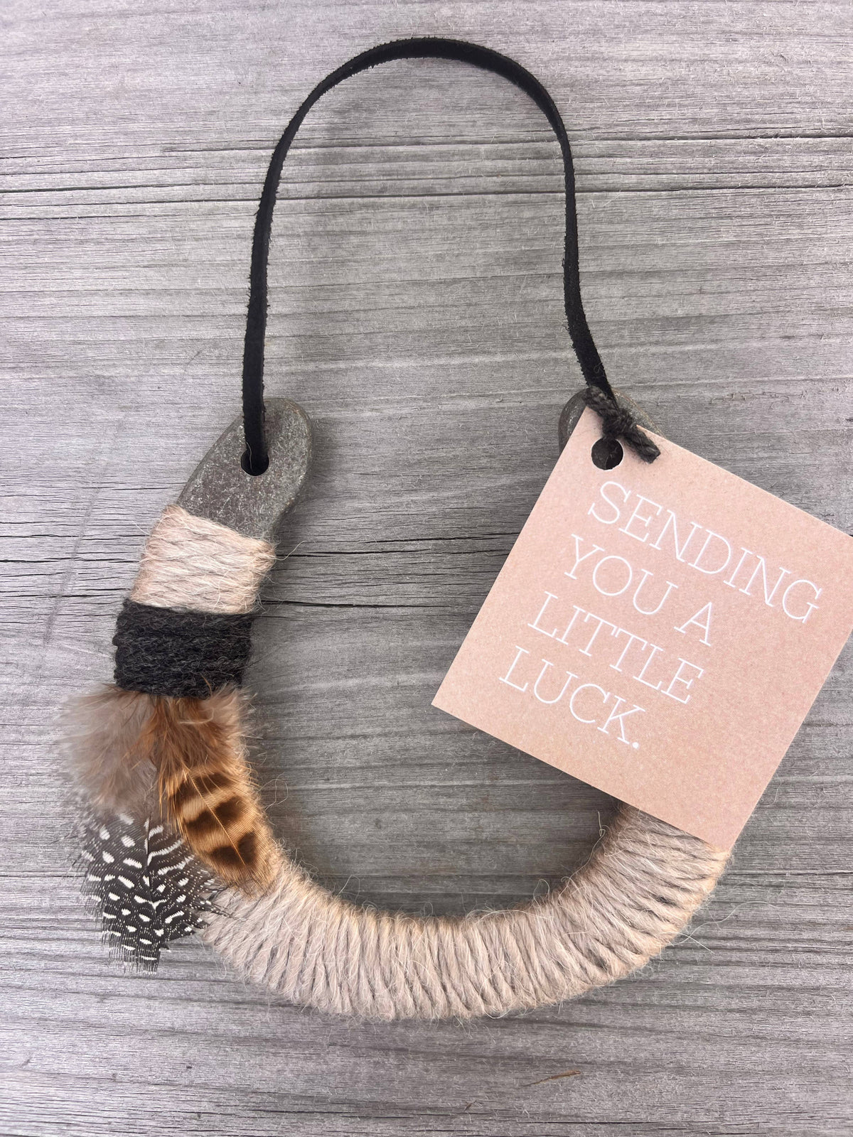 Up-cycled LUCKY horseshoe - White Feather