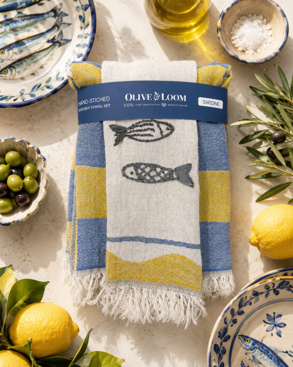 Sardine Hand-Stitched Tea Towel Set