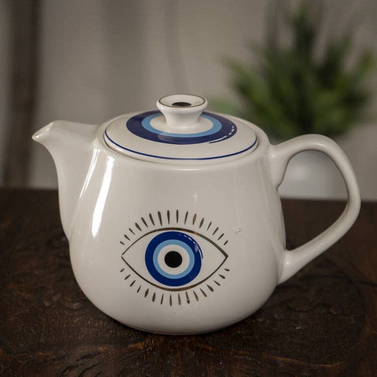 Evil Eye Porcelain Teapot with Stainless Steel Strainer